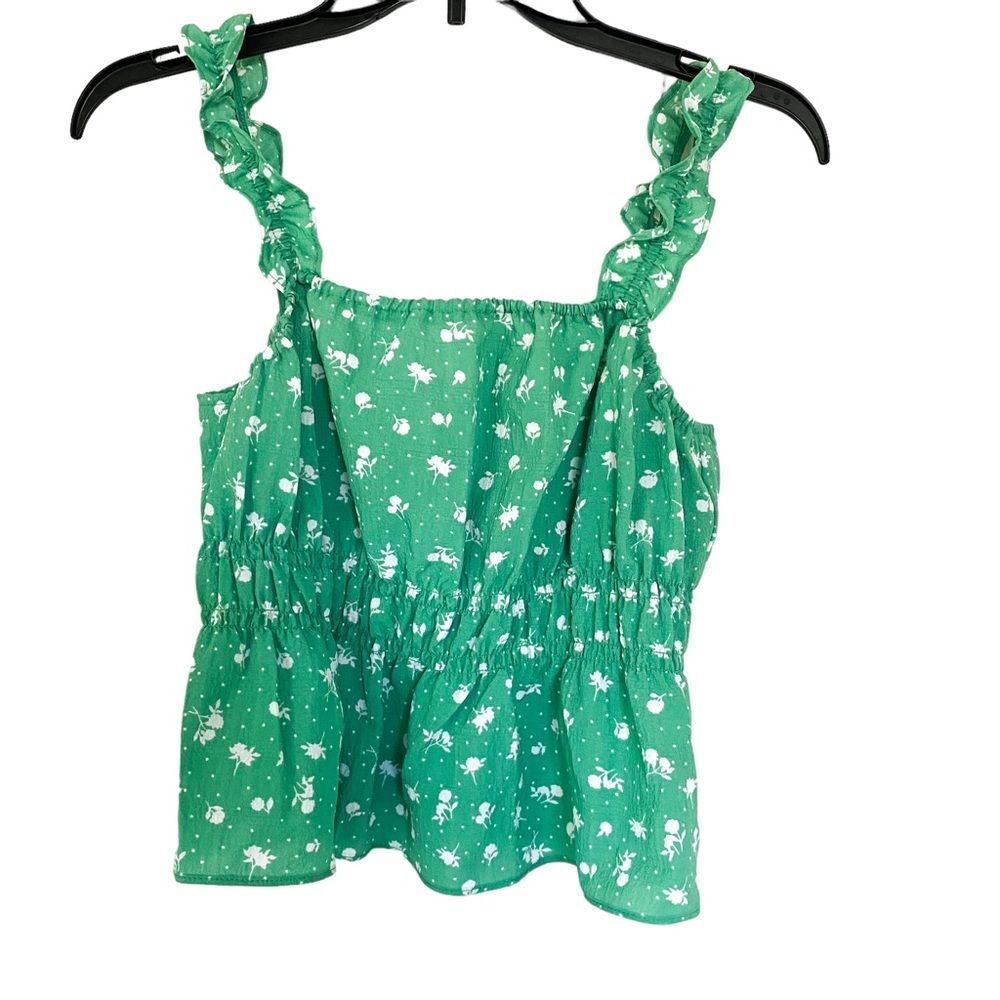H&M Green White Floral Sleeveless Peplum Shirred Tank Top Blouse Size Small